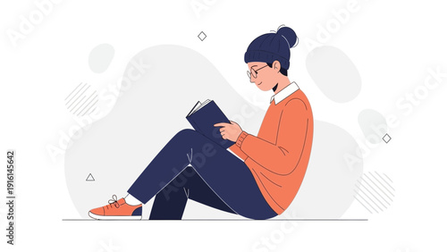 Young person reading a book, wearing a beanie and glasses, orange sweater, sitting relaxed