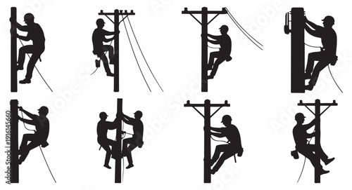 Lineman climbing electric pole, safety equipment, power lines, working at height, utility worker silhouette