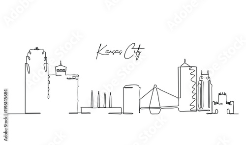 Depicts the Kansas City skyline rendered in a minimalist continuous one line drawing style Urban landscape showcasing modern architectural buildings with clean lines
