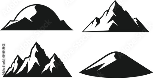 Mountain silhouette icon set with abstract peaks and hills in minimalist black style for adventure, outdoor, and landscape design projects