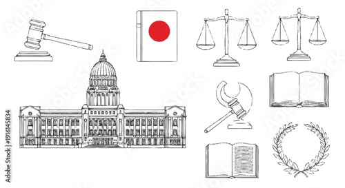 Japanese government building with legal symbols scales of justice gavel