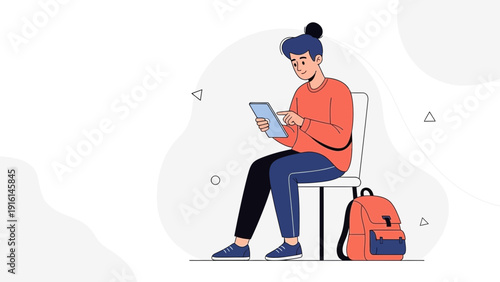 Young person sitting with tablet and backpack, modern flat illustration