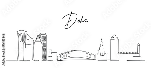 Modern continuous one line drawing capturing the iconic skyline and famous architecture of Doha Qatar against a clean white background