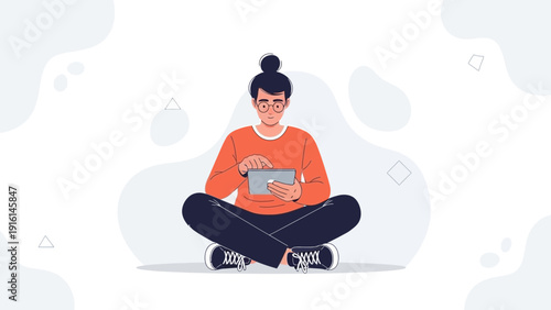 Young person sitting cross-legged, using a tablet device, flat illustration style