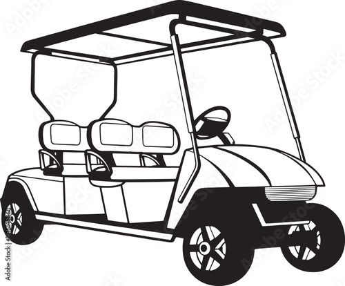 Golf cart for transporting players and equipment around a golf course on sunny day