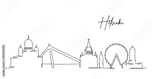 Minimalist continuous line art illustration captures the distinctive Helsinki cityscape featuring famous architectural landmarks and a handwritten city name