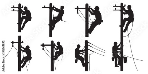 Electrical lineman silhouettes working on power poles with tools professional technicians maintenance set