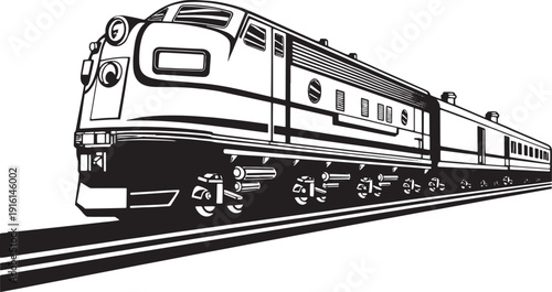 Vintage locomotive steam train traveling on tracks in retro perspective view for rail transport