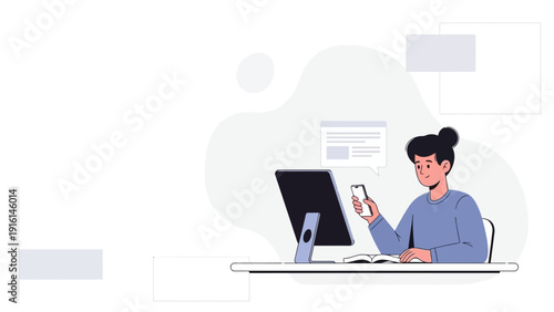 Young person working on computer and smartphone at desk, modern office illustration