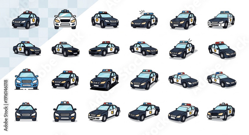 Collection of police cars and taxis in various styles.