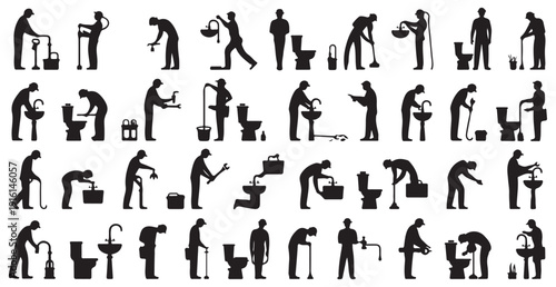 Bathroom maintenance worker silhouettes performing plumbing repairs and installation services vector icons