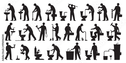Plumbing service worker silhouettes showing toilet and sink repairs with professional tools and equipment