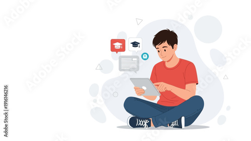Young student learning online with tablet, graduation cap icons and chat bubble
