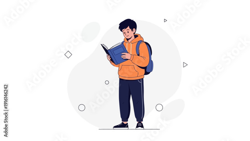 Young student reading a book with backpack, education concept
