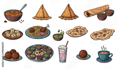 Hand drawn Indian cuisine food and drink icon set