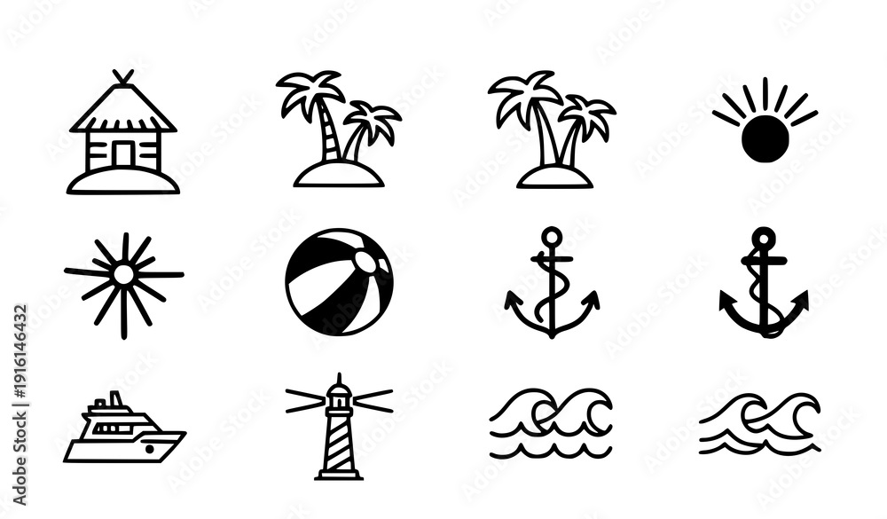 Obraz premium Modern minimal beach vacation solid vector icons
