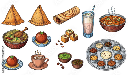 Indian traditional food and drink engraved vector icons