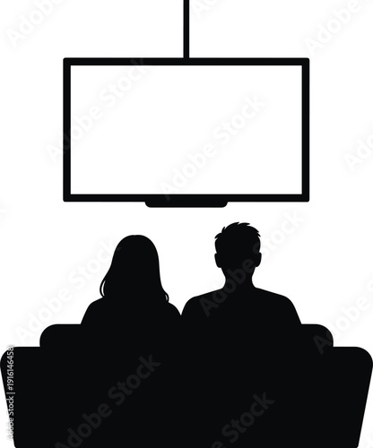 Silhouette of a couple sitting on a couch watching a blank television screen on a white background people