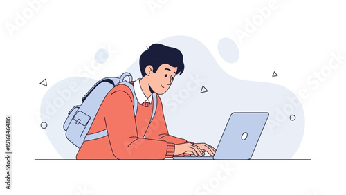 Young student with backpack using laptop for online learning or remote work