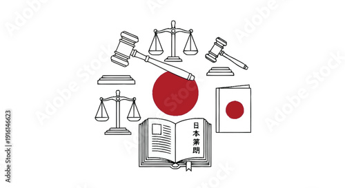 Japanese law symbols with gavel scales book flag