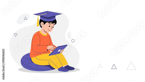 Young Student with Tablet and Graduation Cap, Online Learning Concept