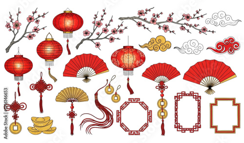 Chinese New Year hand drawn textured decorative element set