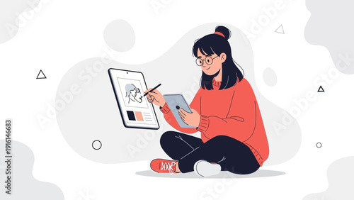Young Woman Artist Drawing Digital Portrait on Tablet with Stylus, Creative Hobby