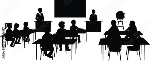 Silhouette of a classroom scene with teacher and students school education