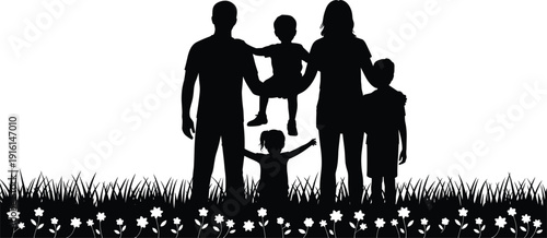 Silhouette of a family with two children in a grassy field with flowers on white background people parents