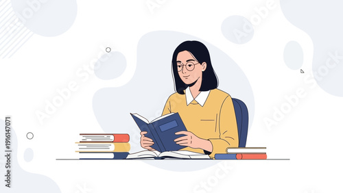 Young woman reading a book at a desk with stacks of books, education concept