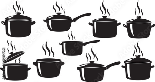 Collection of black cooking pots with steam rising illustration
