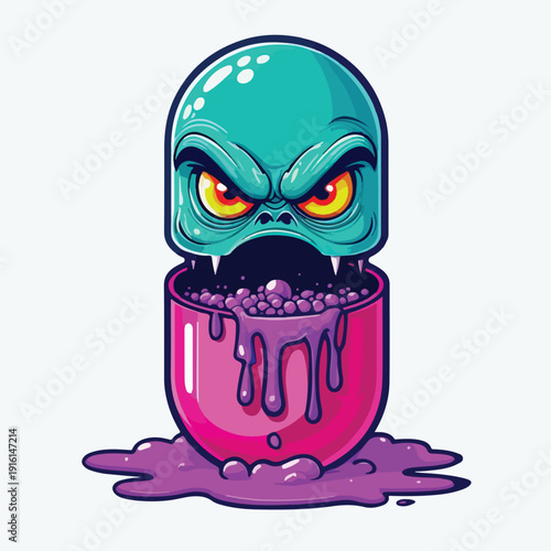 Cartoon monster skull emerging from a brightly colored toxic overflowing pharmaceutical capsule illustration design