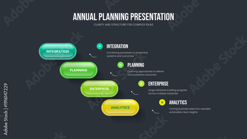 Professional Showcase 4 Step Diagram Slideshow Design. Business Campaign Four Element Infographic Slide Layout. Financial Strategy Frame Template Vector Illustration.