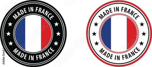 Made in France badge emblem with French flag in circular stamp style for product labeling, branding, and quality assurance design