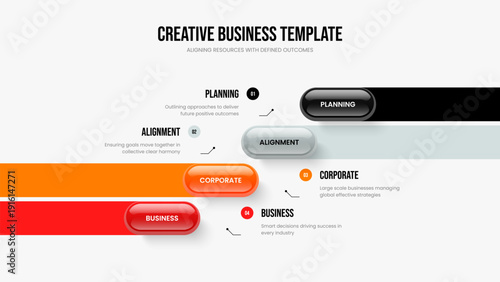 Product Development Presentation Template Vector Illustration. Investor Launch 4 Step Infographic Slide Design. Consulting Portfolio Four Element Diagram Frame Layout.