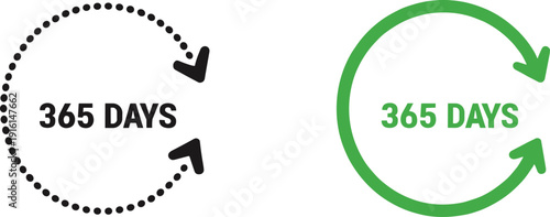 365 days cycle icon set with circular arrows in dotted black and solid green styles for warranty, annual service, and subscription design