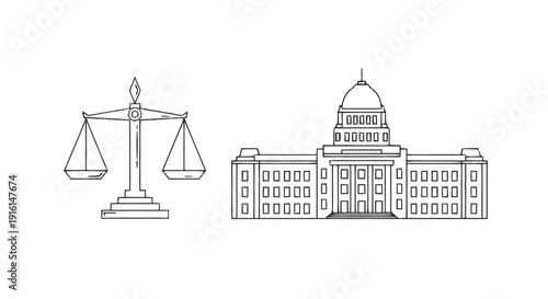 Black and white of scales of justice and government building courthouse
