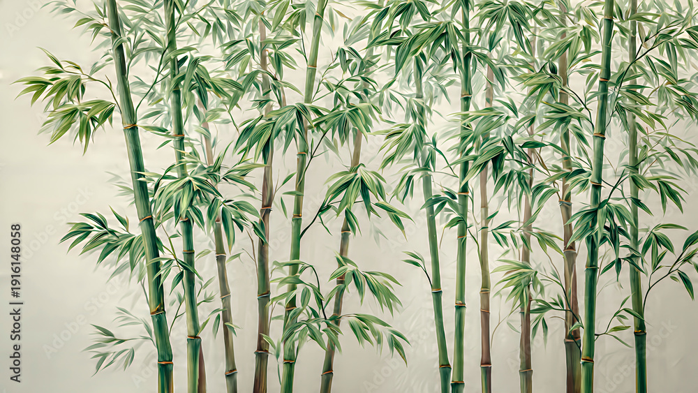 Obraz premium A wall mural featuring tall, lush green bamboo stalks with slender leaves, arranged vertically against a crisp white backdrop.