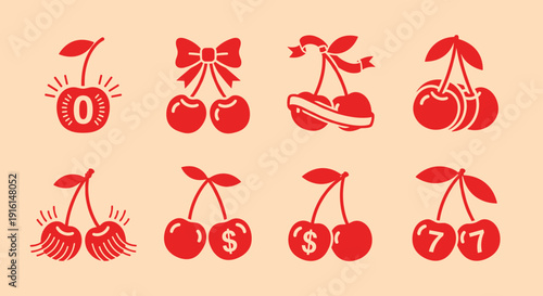 Vintage-style cherries with decorative elements and numbers forming a lucky charm pattern isolated on transparent background, Vector