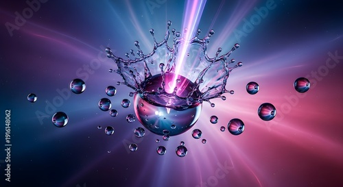 Dramatic water splash with a vibrant purple laser beam hitting a reflective sphere, surrounded by tiny glowing droplets and starry background.