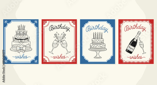Vintage style birthday and celebration greeting card templates with illustrations isolated on transparent background, Vector