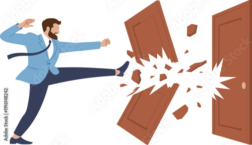 Determined businessman in a blue suit kicking down a wooden door for success breakthrough and leadership vector illustration