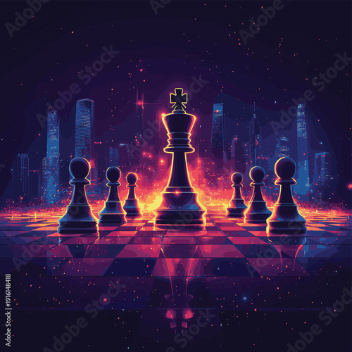 Strategic chess game in futuristic neon city skyline, glowing gold king move, business leadership and competitive decision concept , vector style simple color