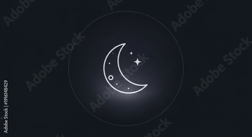 Crescent moon with stars in dark circle night sky theme simple line art design element white on black background celestial body illustration
