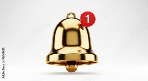 Golden notification bell with red alert badge and number one on white background shiny metallic finish alertness symbol