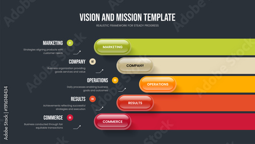 Company Overview Five Step Diagram Frame Template. Enterprise Briefing Slideshow Design Vector Illustration. Corporate Planning 5 Element Infographic Slide Layout.
