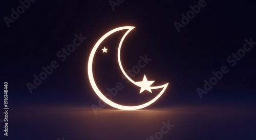 Glowing neon crescent moon and star symbol on dark background peaceful night atmosphere serene ambiance soft lighting mystical illustration