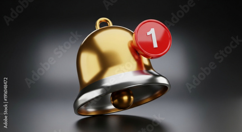 Golden notification bell with red alert badge and number one on dark background with dramatic lighting and shadow effects