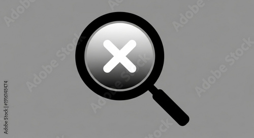 Magnifying glass with white cross on gray background symbolizing search rejection or cancellation concept