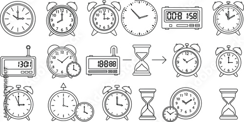 A diverse collection of analog and digital clocks with various designs and functions isolated on transparent background, Vector